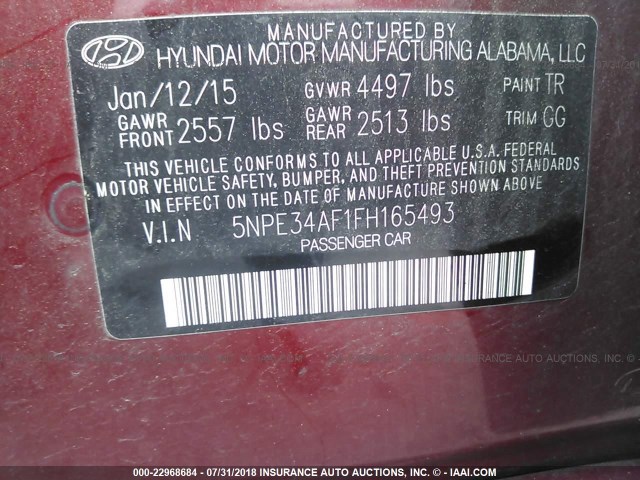 5NPE34AF1FH165493 - 2015 HYUNDAI SONATA SPORT/LIMITED RED photo 9