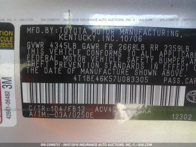 4T1BE46K57U083305 - 2007 TOYOTA CAMRY NEW GENERAT CE/LE/XLE/SE SILVER photo 9