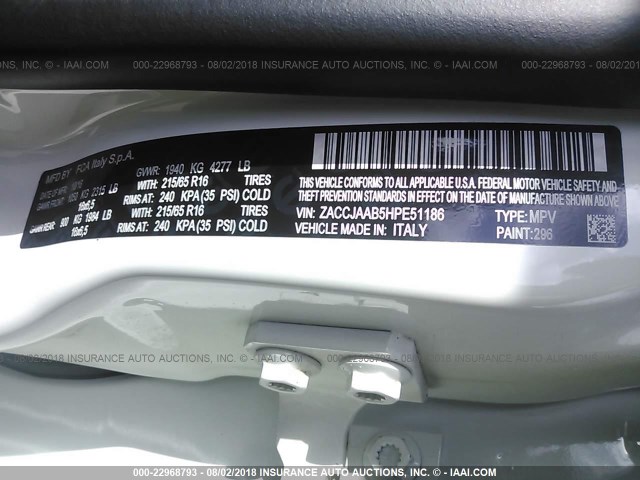 ZACCJAAB5HPE51186 - 2017 JEEP RENEGADE SPORT Սպիտակ լուսանկար 9