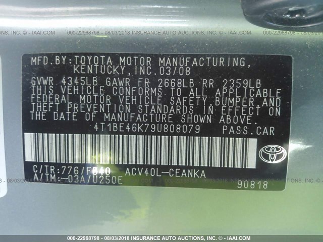 4T1BE46K79U808079 - 2009 TOYOTA CAMRY SE/LE/XLE 绿色 照片 9