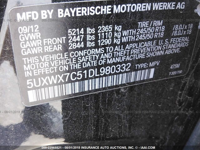 5UXWX7C51DL980332 - 2013 BMW X3 XDRIVE35I BLACK photo 9