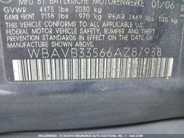 WBAVB33566AZ87938 - 2006 BMW 330 I GRAY photo 9