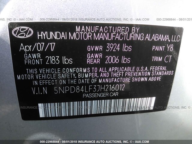 5NPD84LF3JH216012 - 2018 HYUNDAI ELANTRA SEL/VALUE/LIMITED SILVER photo 9