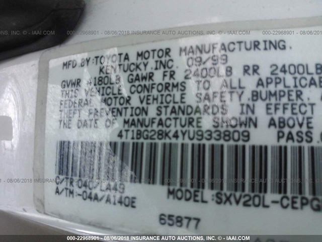 4T1BG28K4YU933809 - 2000 TOYOTA CAMRY CE/LE/XLE 白色 照片 9