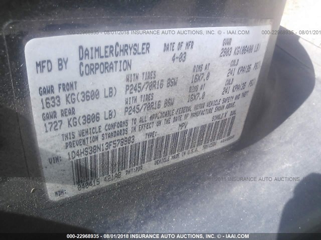 1D4HS38N13F578983 - 2003 DODGE DURANGO SPORT GRAY photo 9