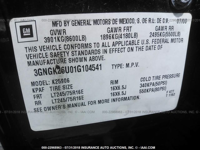 3GNGK26U01G104541 - 2001 CHEVROLET SUBURBAN K2500 BLACK photo 9