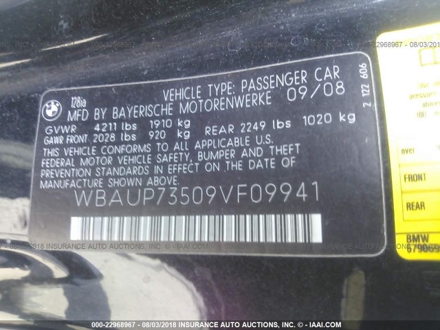 WBAUP73509VF09941 - 2009 BMW 128 I BLACK photo 9