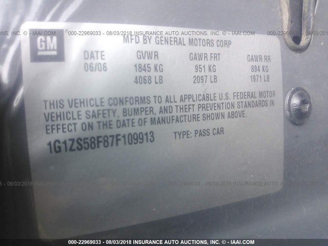 1G1ZS58F87F109913 - 2007 CHEVROLET MALIBU LS Boz foto 9