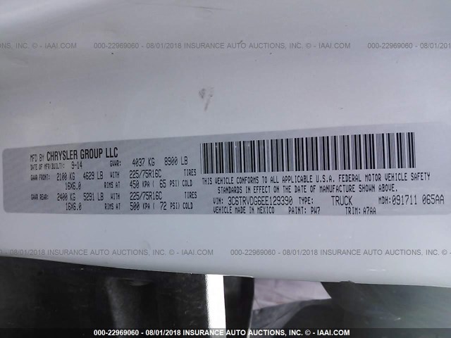 3C6TRVDG6EE129390 - 2014 RAM PROMASTER 2500 2500 HIGH WHITE photo 9