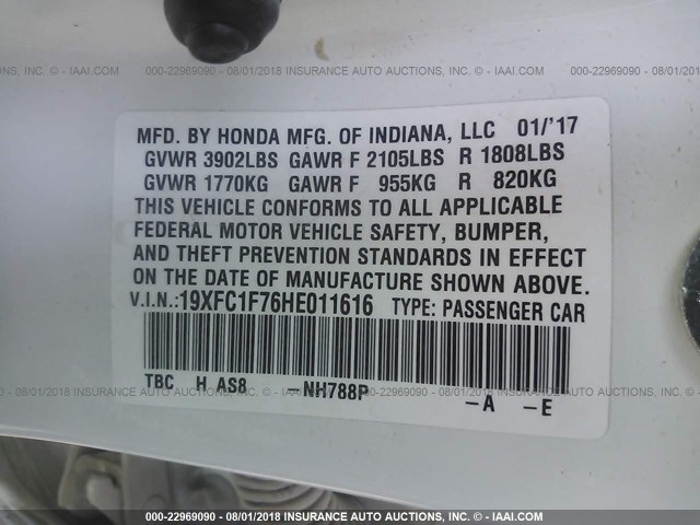 19XFC1F76HE011616 - 2017 HONDA CIVIC EXL 白色 照片 9
