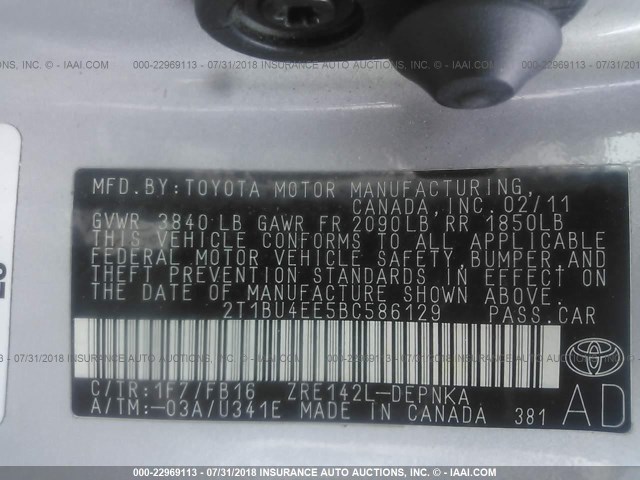 2T1BU4EE5BC586129 - 2011 TOYOTA COROLLA S/LE SILVER photo 9