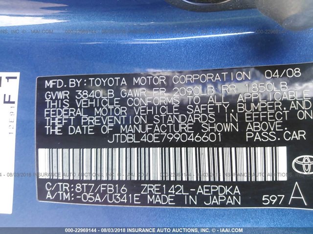 JTDBL40E799046601 - 2009 TOYOTA COROLLA LE/XLE BLUE photo 9
