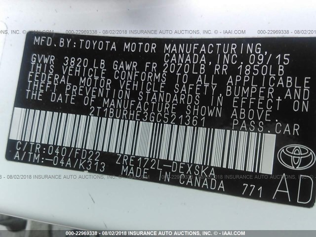 2T1BURHE3GC521361 - 2016 TOYOTA COROLLA L/LE/LE PLS/PRM/S/S PLS WHITE photo 9