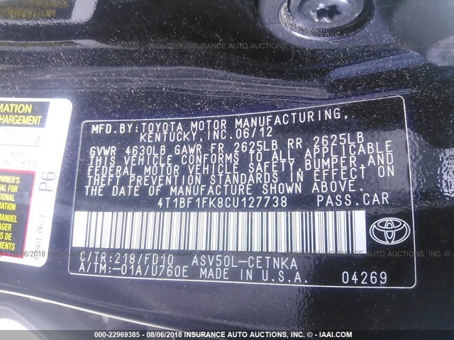 4T1BF1FK8CU127738 - 2012 TOYOTA CAMRY SE/LE/XLE შავი ფოტო 9