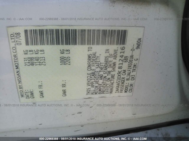 1N4AA51EX9C812416 - 2009 NISSAN MAXIMA S/SV WHITE photo 9