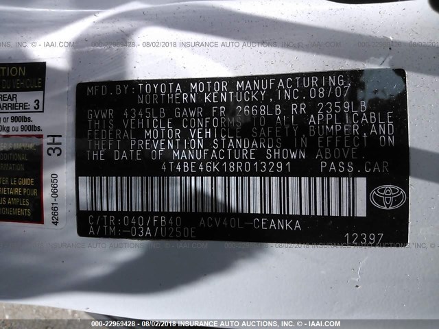 4T4BE46K18R013291 - 2008 TOYOTA CAMRY CE/LE/XLE/SE WHITE photo 9