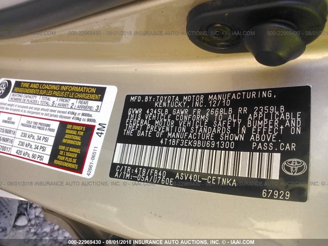 4T1BF3EK9BU691300 - 2011 TOYOTA CAMRY SE/LE/XLE GOLD photo 9