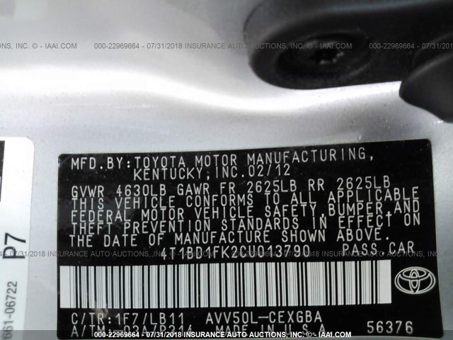 4T1BD1FK2CU013790 - 2012 TOYOTA CAMRY HYBRID/LE/XLE 银色 照片 9