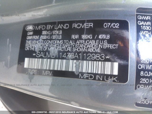 SALMB11473A112983 - 2003 LAND ROVER RANGE ROVER HSE GRAY photo 9