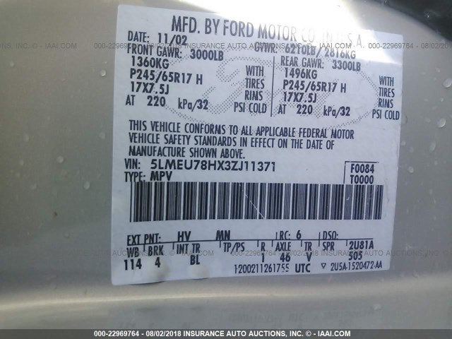 5LMEU78HX3ZJ11371 - 2003 LINCOLN AVIATOR 锡色 照片 9