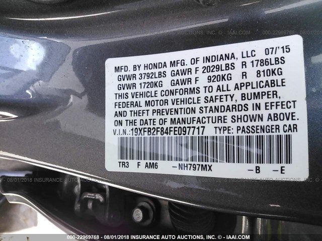 19XFB2F84FE097717 - 2015 HONDA CIVIC EX GRAY photo 9