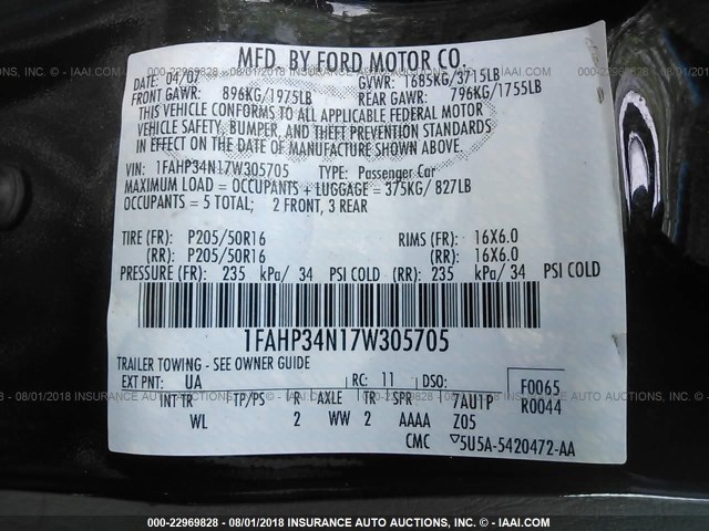 1FAHP34N17W305705 - 2007 FORD FOCUS ZX4/S/SE/SES 黑色 照片 9