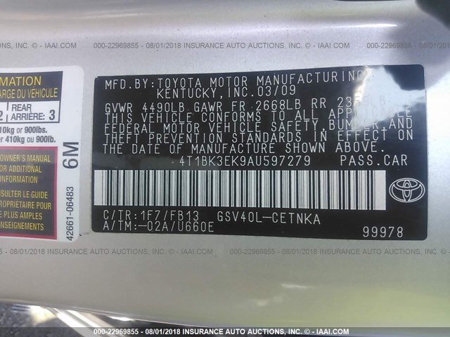 4T1BK3EK9AU597279 - 2010 TOYOTA CAMRY SE/LE/XLE 银色 照片 9