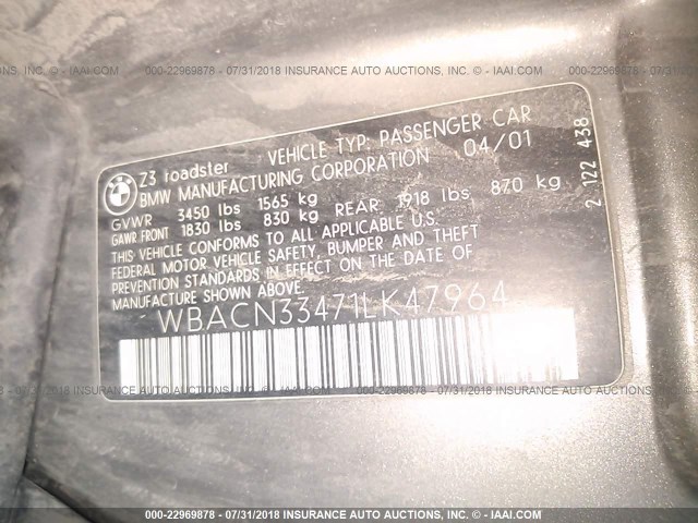 WBACN33471LK47964 - 2001 BMW Z3 2.5 GRAY photo 9