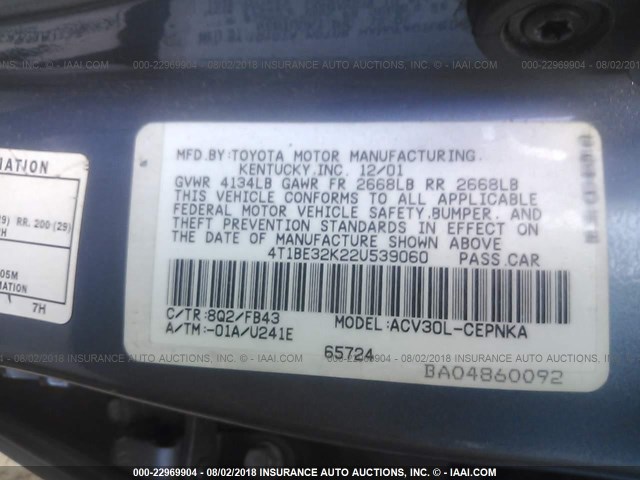 4T1BE32K22U539060 - 2002 TOYOTA CAMRY LE/XLE/SE Mavi foto 9