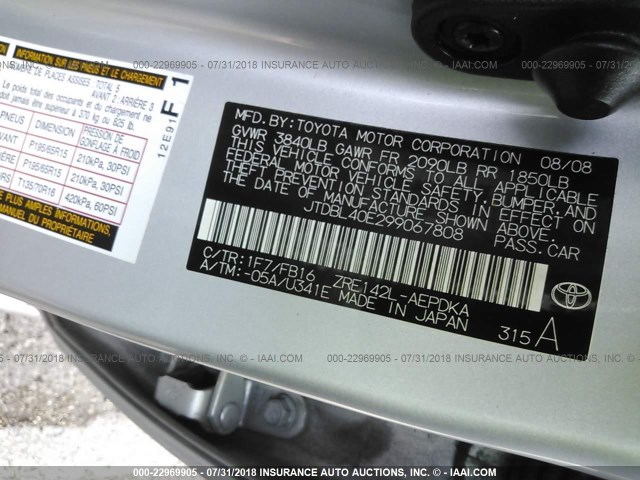JTDBL40E299067808 - 2009 TOYOTA COROLLA LE/XLE SILVER photo 9