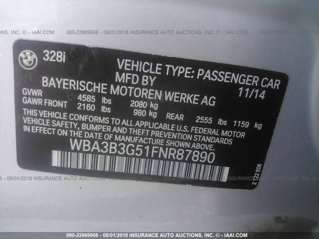 WBA3B3G51FNR87890 - 2015 BMW 328 XI SILVER photo 9