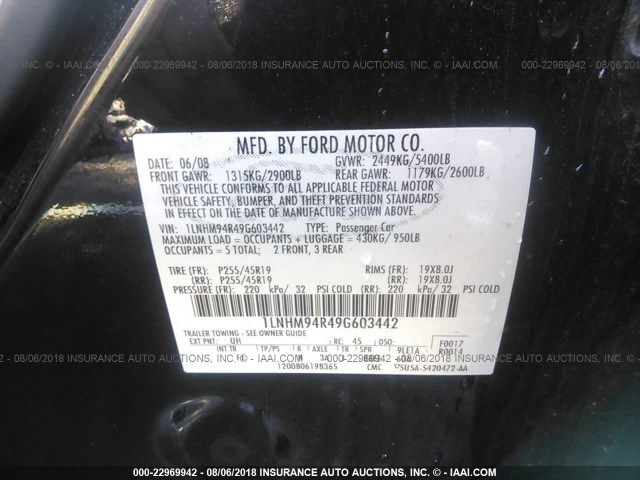 1LNHM94R49G603442 - 2009 LINCOLN MKS BLACK photo 9