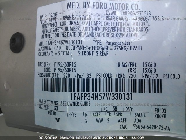 1FAFP34N57W330131 - 2007 FORD FOCUS ZX4/S/SE/SES 金色 照片 9