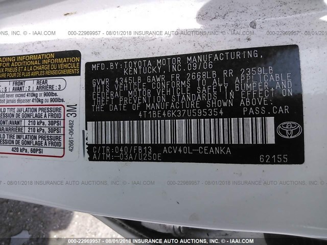 4T1BE46K37U595354 - 2007 TOYOTA CAMRY NEW GENERAT CE/LE/XLE/SE WHITE photo 9