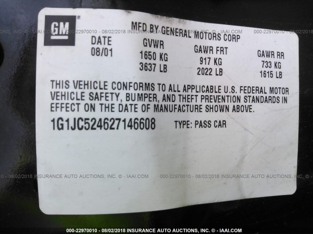 1G1JC524627146608 - 2002 CHEVROLET CAVALIER CNG BLACK photo 9