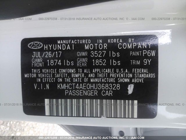 KMHCT4AE0HU368328 - 2017 HYUNDAI ACCENT SE WHITE photo 9