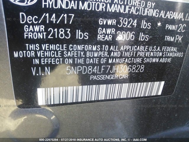 5NPD84LF7JH306828 - 2018 HYUNDAI ELANTRA SEL/VALUE/LIMITED GRAY photo 9