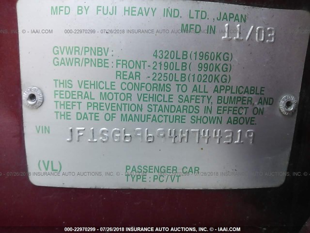 JF1SG69694H744319 - 2004 SUBARU FORESTER 2.5XT RED photo 9