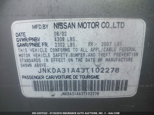 JNKDA31A43T102278 - 2003 INFINITI I35 GRAY photo 9