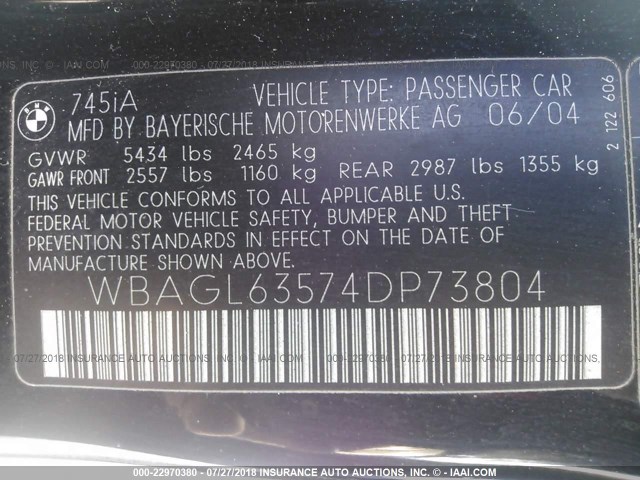 WBAGL63574DP73804 - 2004 BMW 745 I BLACK photo 9