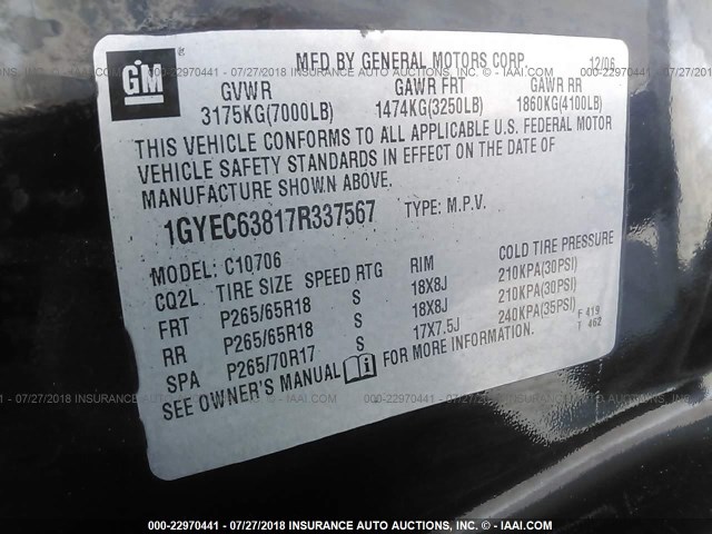 1GYEC63817R337567 - 2007 CADILLAC ESCALADE LUXURY შავი ფოტო 9