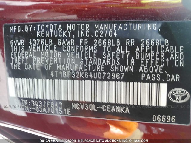 4T1BF32K64U072967 - 2004 TOYOTA CAMRY LE/XLE/SE 栗色 照片 9