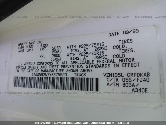 4TASN92N7YZ575920 - 2000 TOYOTA TACOMA XTRACAB PRERUNNER თეთრი ფოტო 9