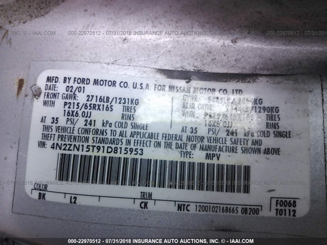 4N2ZN15T91D815953 - 2001 NISSAN QUEST GXE SILVER photo 9