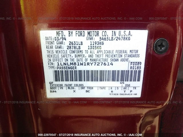 1LNLM81W1RY727614 - 1994 LINCOLN TOWN CAR EXECUTIVE MAROON photo 9