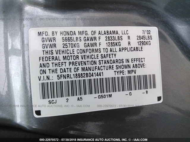 5FNRL18982B041441 - 2002 HONDA ODYSSEY EXL GRAY photo 9