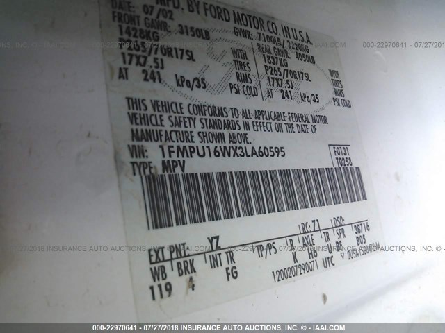 1FMPU16WX3LA60595 - 2003 FORD EXPEDITION XLT WHITE photo 9