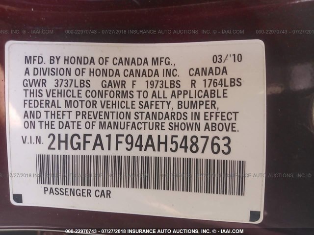 2HGFA1F94AH548763 - 2010 HONDA CIVIC EXL წითელი ფოტო 9