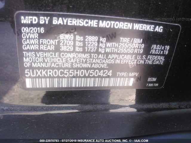 5UXKR0C55H0V50424 - 2017 BMW X5 XDRIVE35I BLACK photo 9