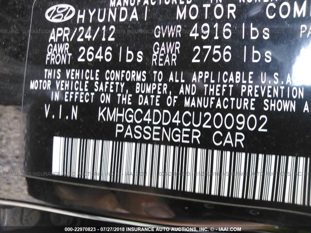 KMHGC4DD4CU200902 - 2012 HYUNDAI GENESIS 3.8L BLACK photo 9